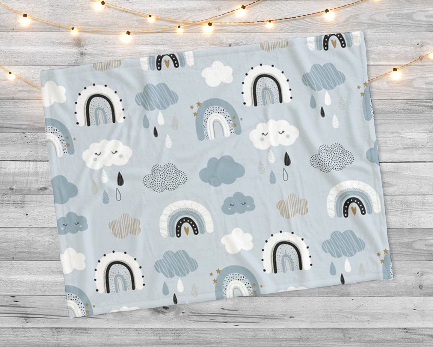 ute rainbows and clouds in Scandinavian style on a blue background. Baby pattern with rainy sky Minky Blanket