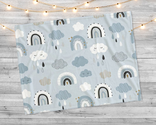 ute rainbows and clouds in Scandinavian style on a blue background. Baby pattern with rainy sky Minky Blanket