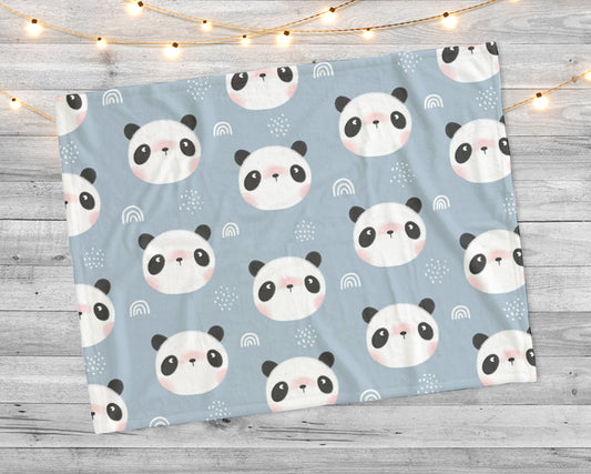 Cute pandas and rainbows on blue background Minky Blankey