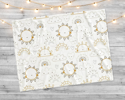 Hand-drawn color seamless pattern with cute smiling sun on white background. Minky Blanket