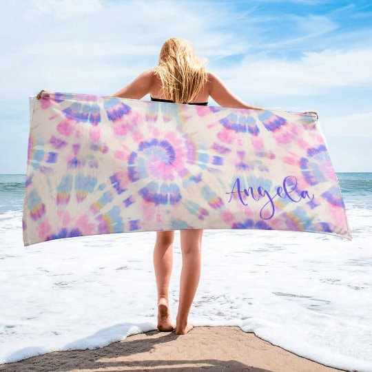 Multi-Color Tie Dye Style Personalize Beach Towel - Personalized Name Bath Towel Custom Pool Towel Beach Towel Name Outside Birthday Gift