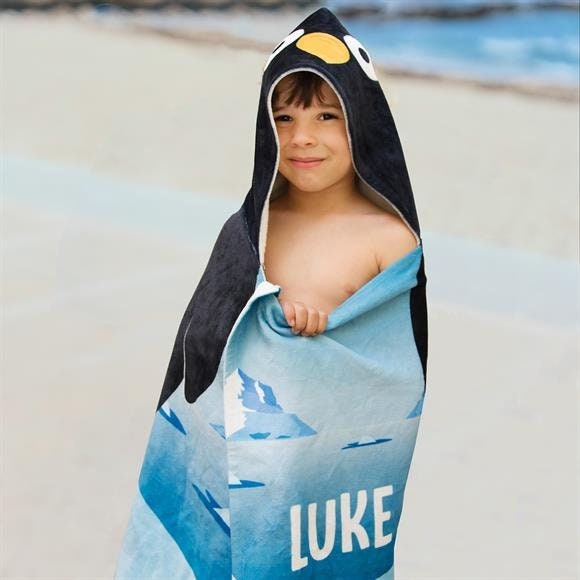Kids Penguin Design Hooded Personalized Beach Towel, Personalized