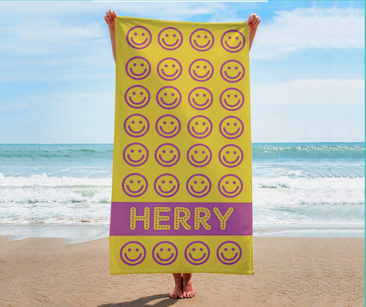 New Happy Smile Personalized Beach Towel Personalized Name Bath Towel Custom Pool Towel Beach Towel With Name Outside Birthday Vacation Gift