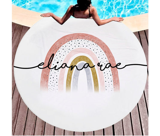 Personalized Round Rainbow Design Beach Towel Personalized Name Bath Towel Custom Pool Towel Beach Towel With Name Outside Birthday Vacation