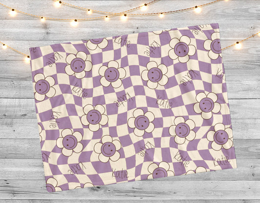Happy Face Flower Design personalize name blanket, Minky or Sherpa custom blanket, Baby blanket, birthday gift idea