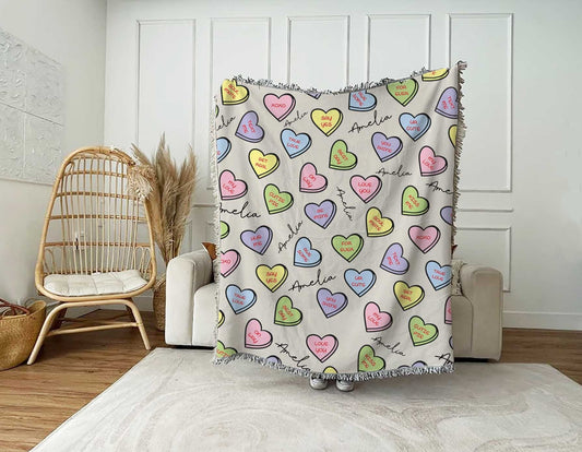 Personalized Valentine Gift, Heart Candy Tapestry Woven Cotton Throw - Sublimated - Made in The USA (60"x54")
