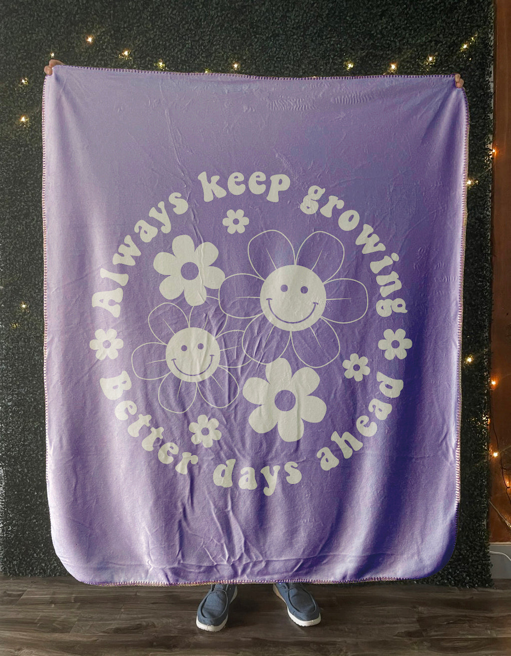 Retro groovy smiley daisy flowers print with inspirational slogan