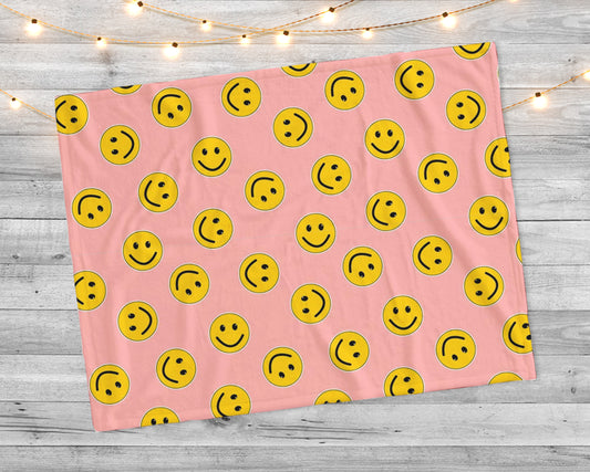 Yellow Smile Icons Seamless Vector Pattern Isolated Pink Background Minky Blanket