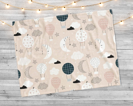 Air balloons, clouds and moons in Scandinavian style on a pink background Minky Blanket
