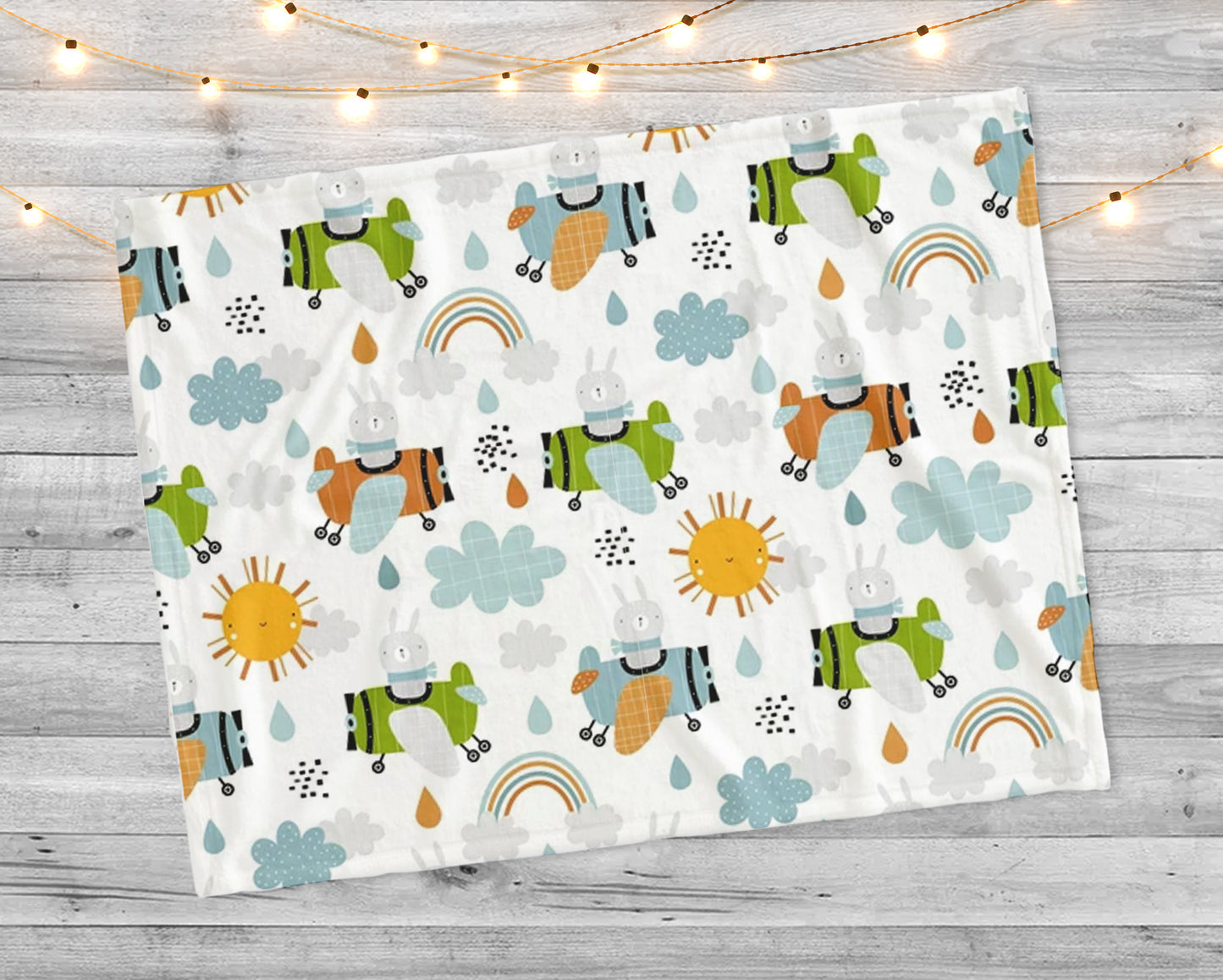 Bunny pilot on the plane on a white background. Kids Minky Blanket