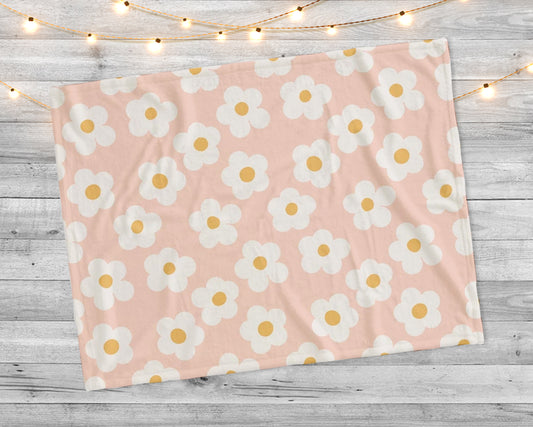 Daisy floral boho pattern with white daisies on a peach background in doodle style. Сute contemporary minimalistic trendy boho Minky Blanket