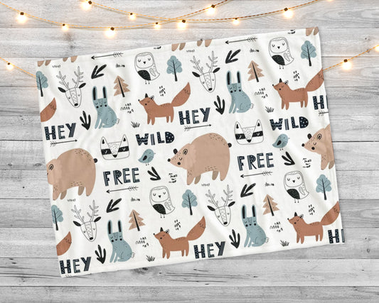 Forest animals and lettering in Scandinavian style on a white background. Scandinavian pattern with animals Minky Blanket