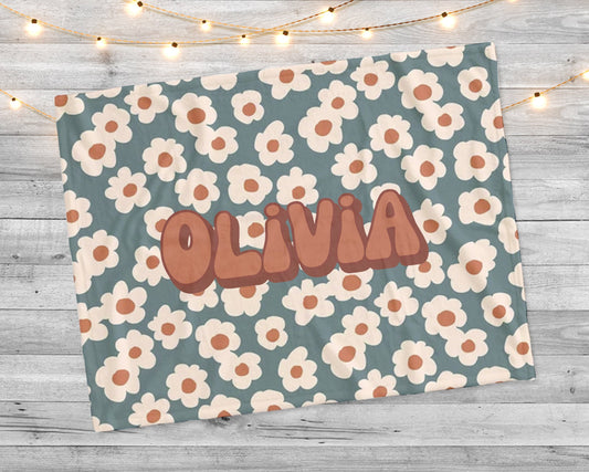 Retro Flower personalize blanket, Minky or Sherpa custom blanket, Baby blanket, birthday gift idea