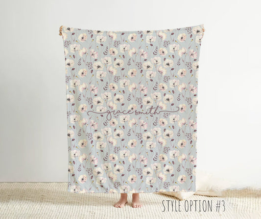 Personalized Watercolor floral in vintage rustic style blanket with Name, Custom blanket gift, Birthday Anniversary Gift